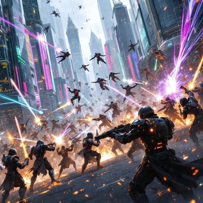 The primary subject of the image is a group of people in a futuristic city, with some of them holding guns. The setting is a cityscape with tall buildings and neon lights, creating a vibrant and futuristic atmosphere. The visual style is a combination of photo and digital art, giving the image a unique and detailed appearance. The colors and mood are predominantly dark and intense, reflecting the action-packed nature of the scene.